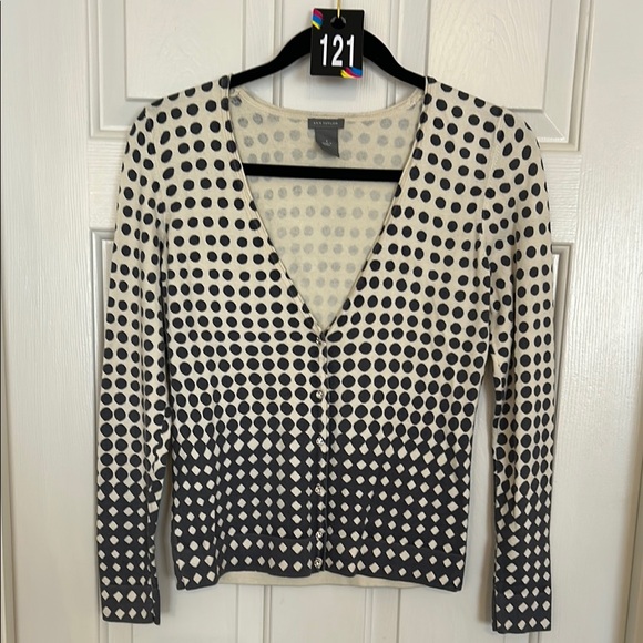 Ann Taylor Black and Cream Polka Dot Cardigan Sweater Sz S - Picture 1 of 11
